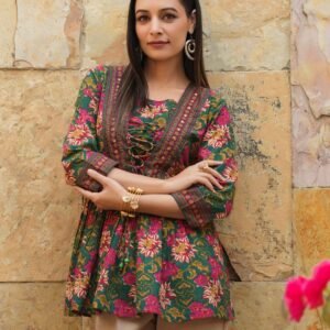 Green Floral Printed Peplum Kurti