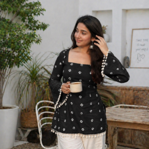 Black Printed Bell Sleeve Kurti